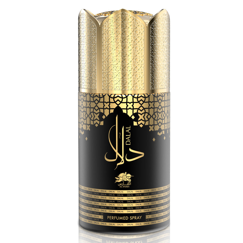 AL FARES Dalal Perfume Deodorant 250 ml - Warm Woody-Spicy (Patchouli, Cedarwood) with Amber-Vanilla Finish